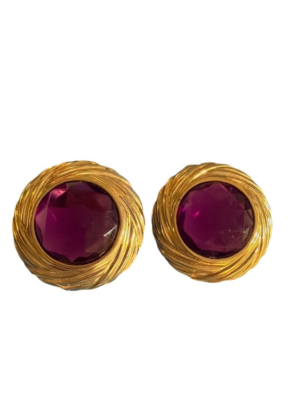 Vintage Large Purple Rhinestone Gold Tone Clip On Earrings Twisted Rope Estate
